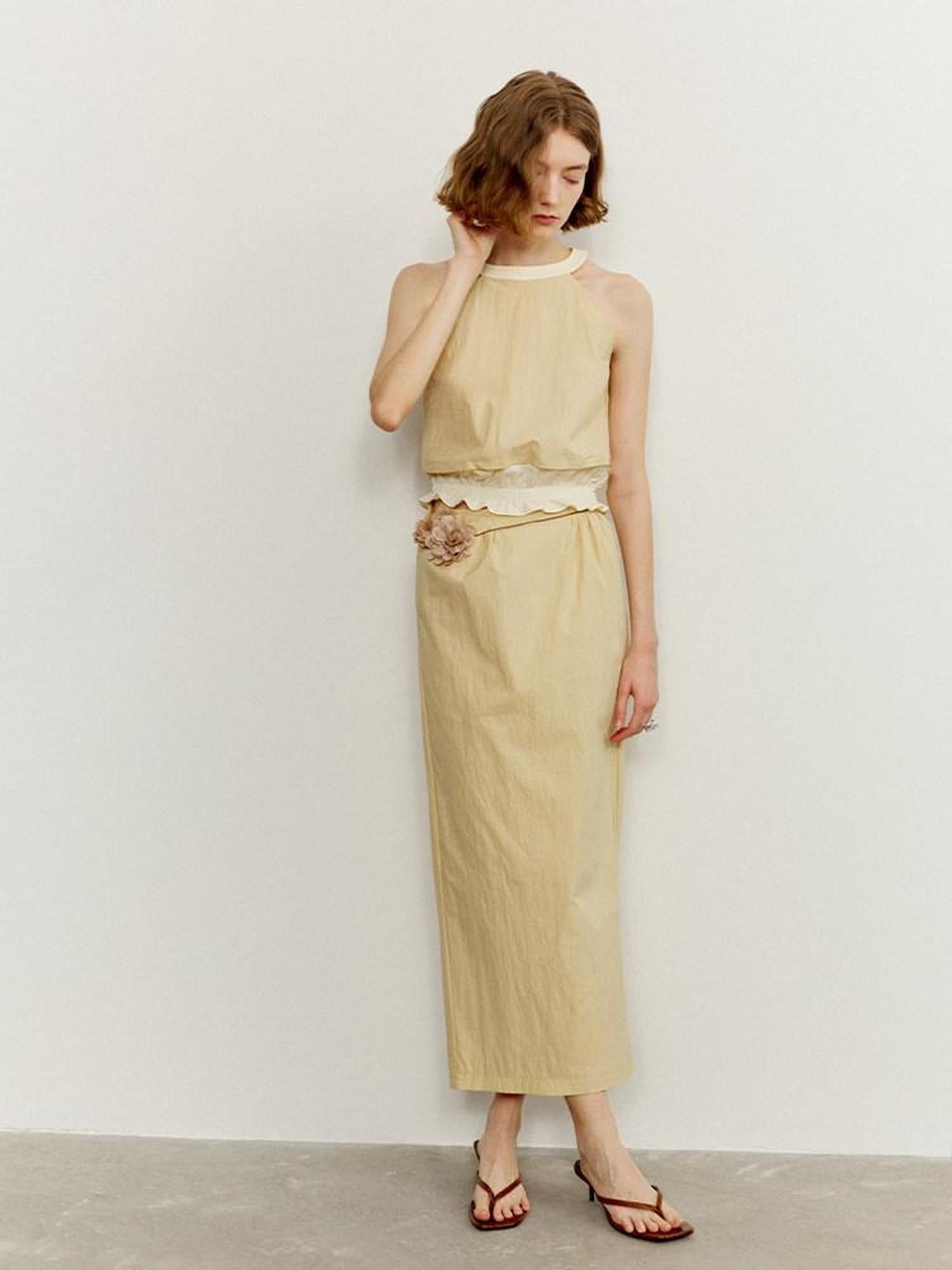 someonesometimes Ruffle Original Slim Fit Melon Halter Cotton Mix Top & Skirt Sets