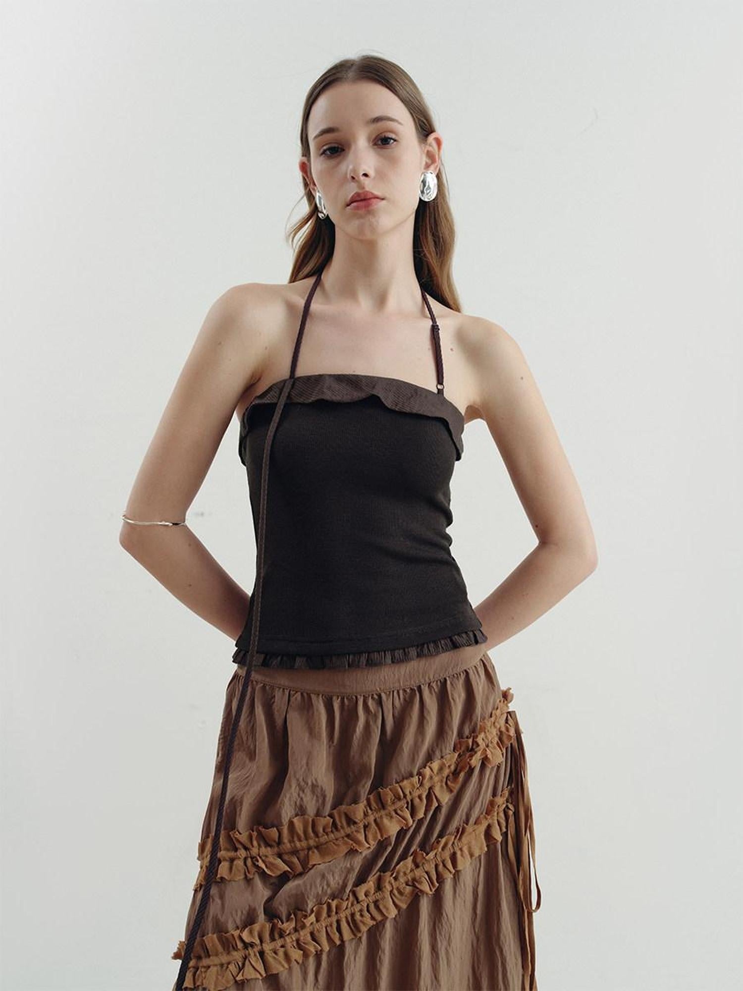 someonesometimes Ruffle Trim Backless Slim Fit Versatile Viscose Nylon Tank Camisoles