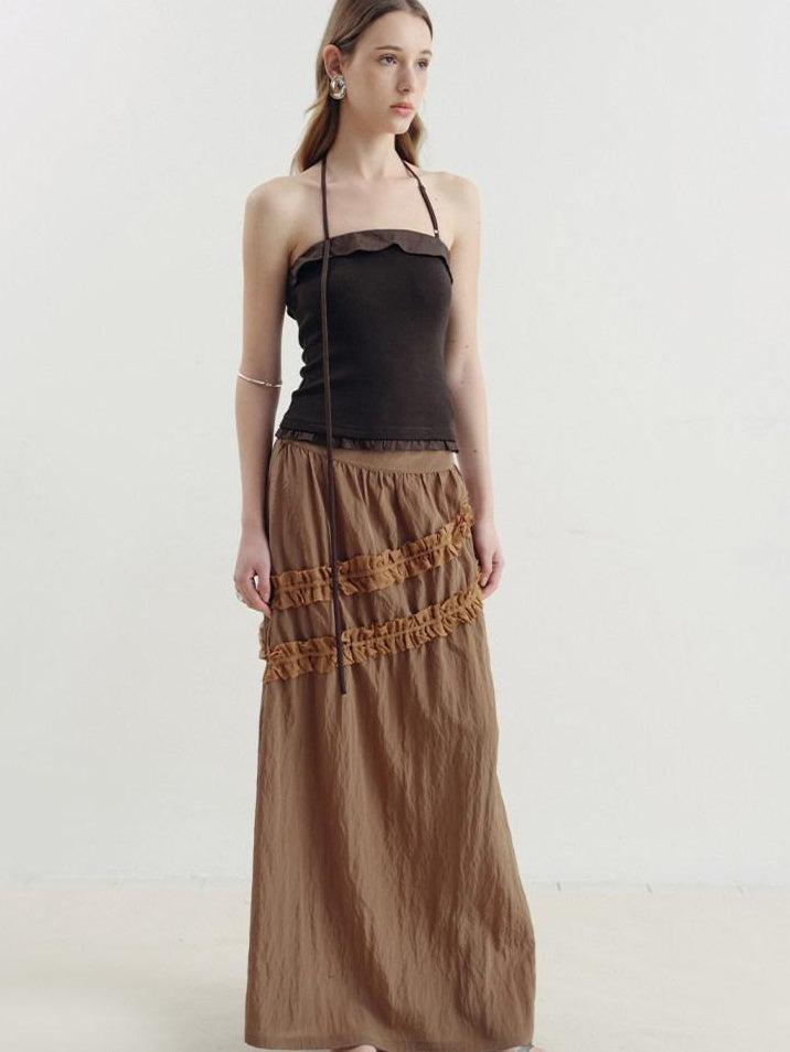 someonesometimes Ruffle Trim Backless Slim Fit Versatile Viscose Nylon Tank Camisoles