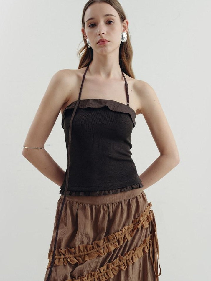 someonesometimes Ruffle Trim Backless Slim Fit Versatile Viscose Nylon Tank Camisoles