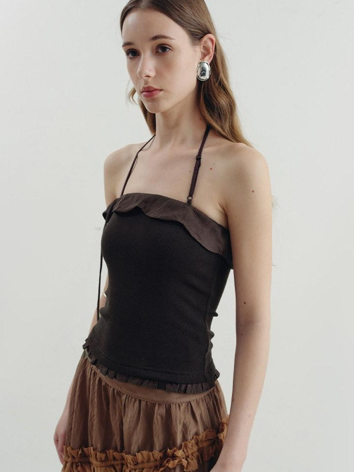 someonesometimes Ruffle Trim Backless Slim Fit Versatile Viscose Nylon Tank Camisoles
