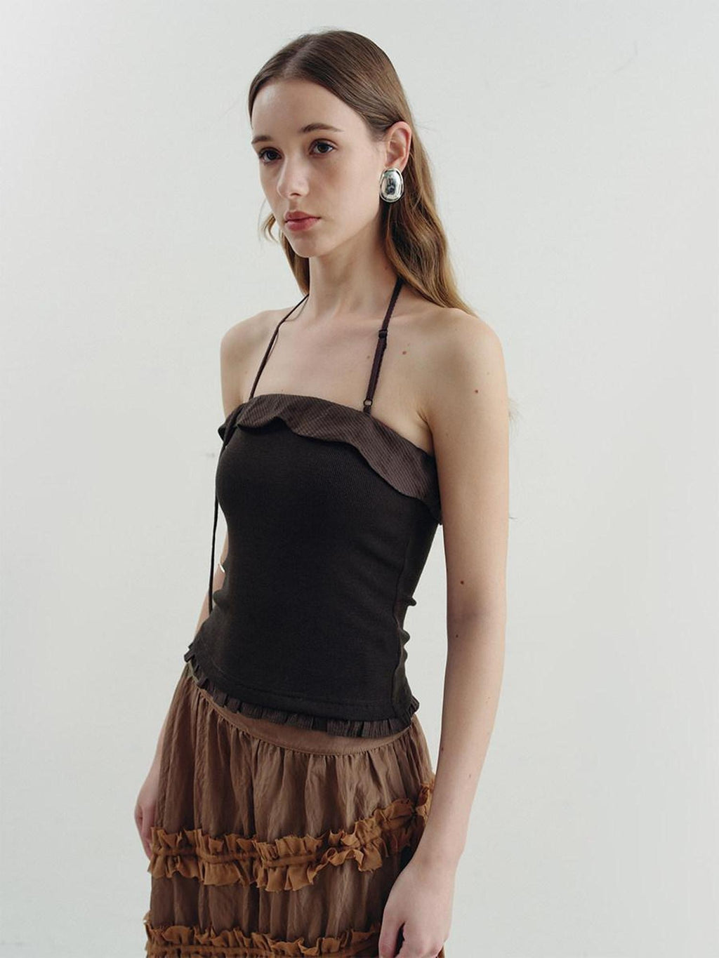 someonesometimes Ruffle Trim Backless Slim Fit Versatile Viscose Nylon Tank Camisoles