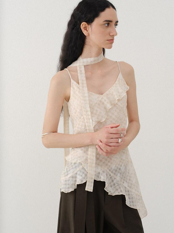 someonesometimes Ruffle V-neck Slim Fit Floral Plaid Print For Women Padded Camisoles