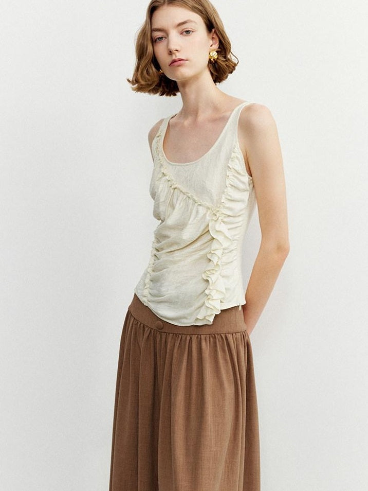 someonesometimes Ruffled Lettuce Edge Slim Fit Original Design Viscose Blend Cream Tank Tops