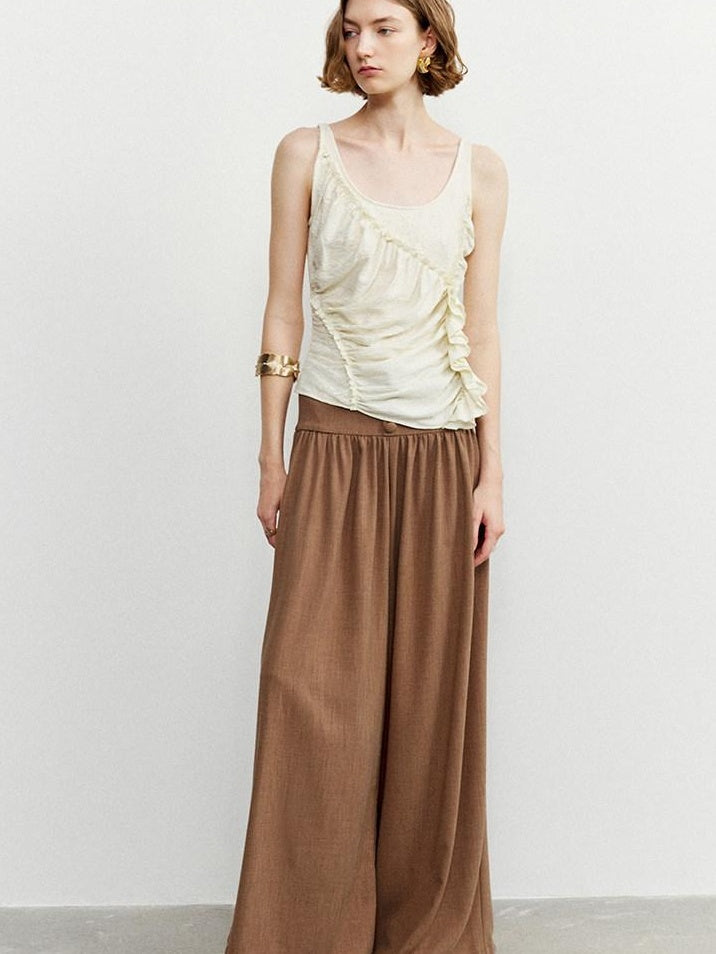 someonesometimes Ruffled Lettuce Edge Slim Fit Original Design Viscose Blend Cream Tank Tops