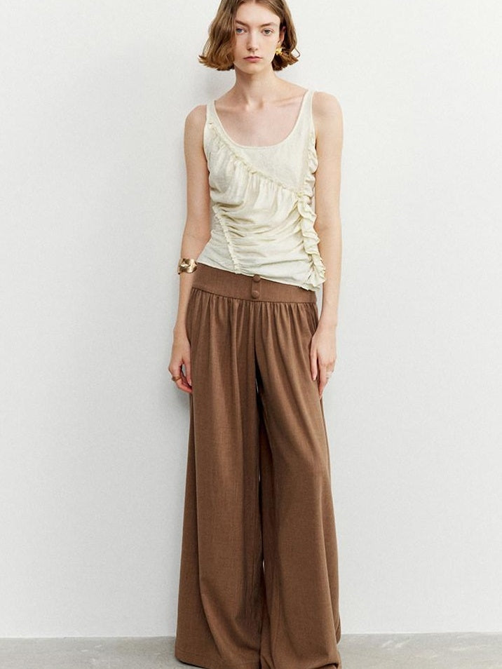 someonesometimes Ruffled Lettuce Edge Slim Fit Original Design Viscose Blend Cream Tank Tops