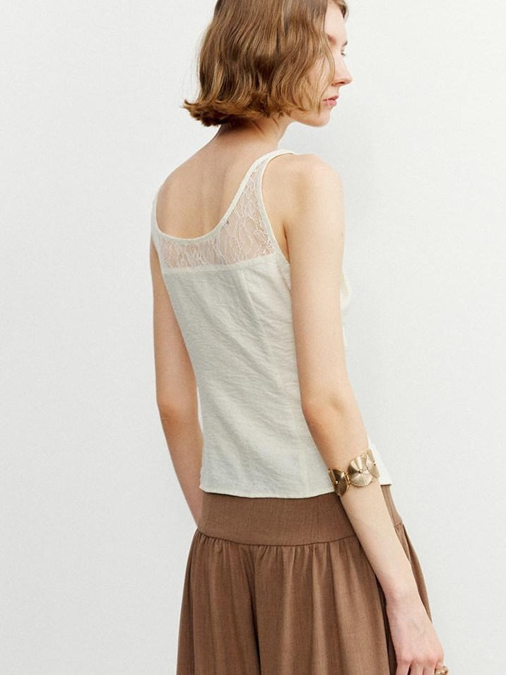 someonesometimes Ruffled Lettuce Edge Slim Fit Original Design Viscose Blend Cream Tank Tops