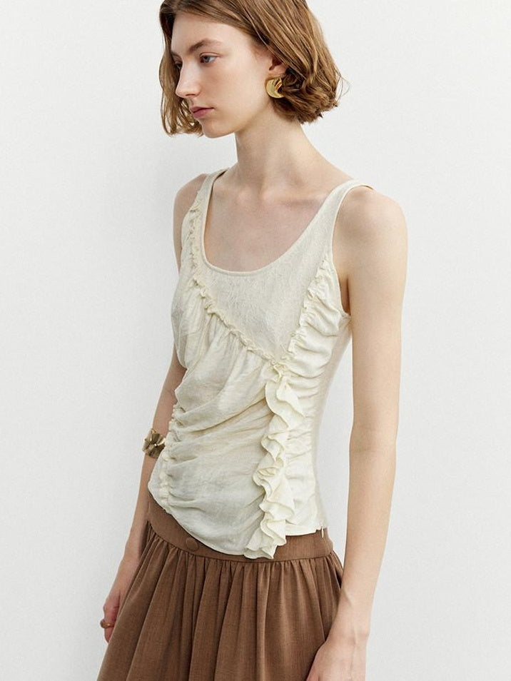 someonesometimes Ruffled Lettuce Edge Slim Fit Original Design Viscose Blend Cream Tank Tops