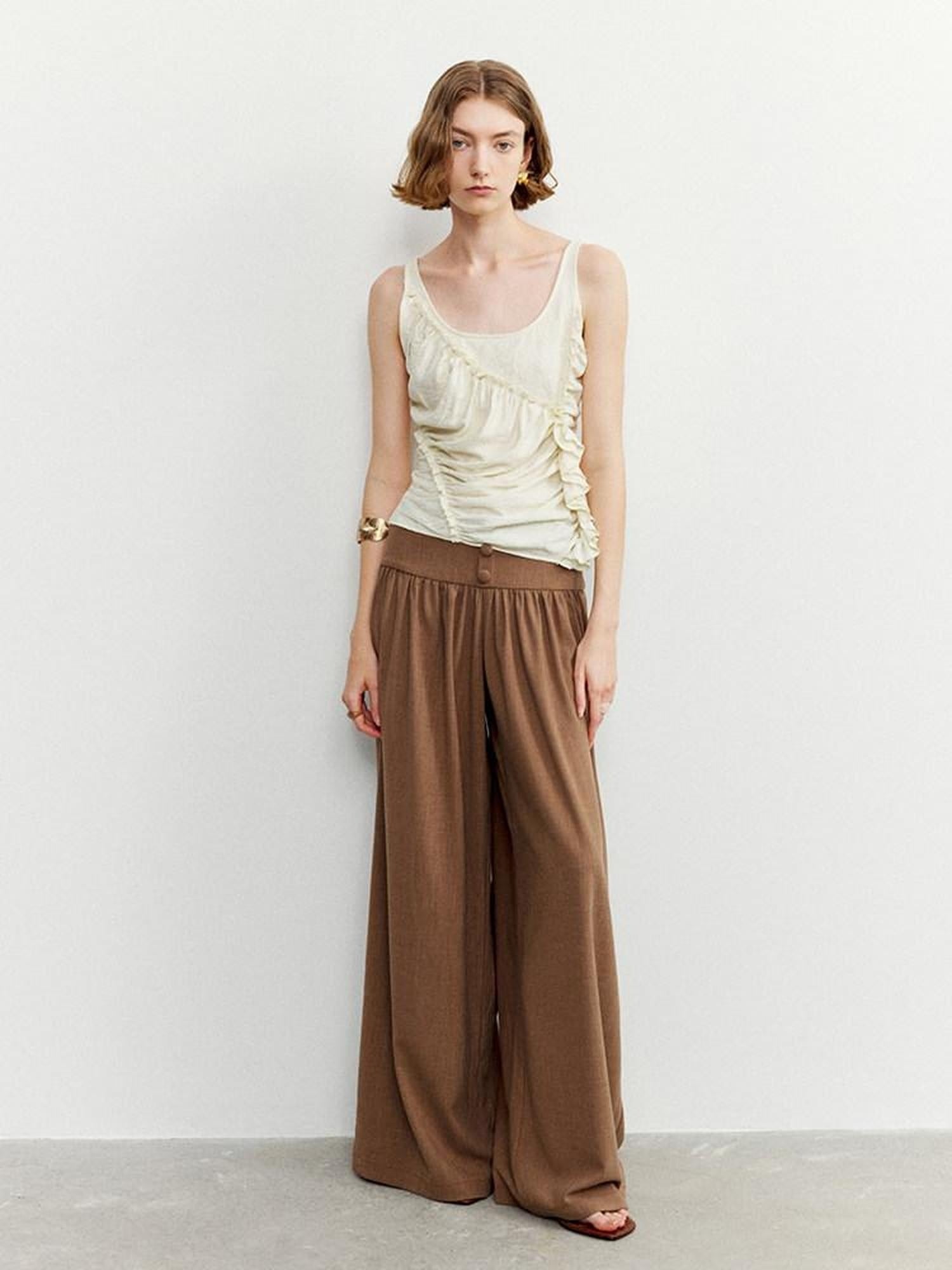someonesometimes Ruffled Lettuce Edge Slim Fit Original Design Viscose Blend Cream Tank Tops