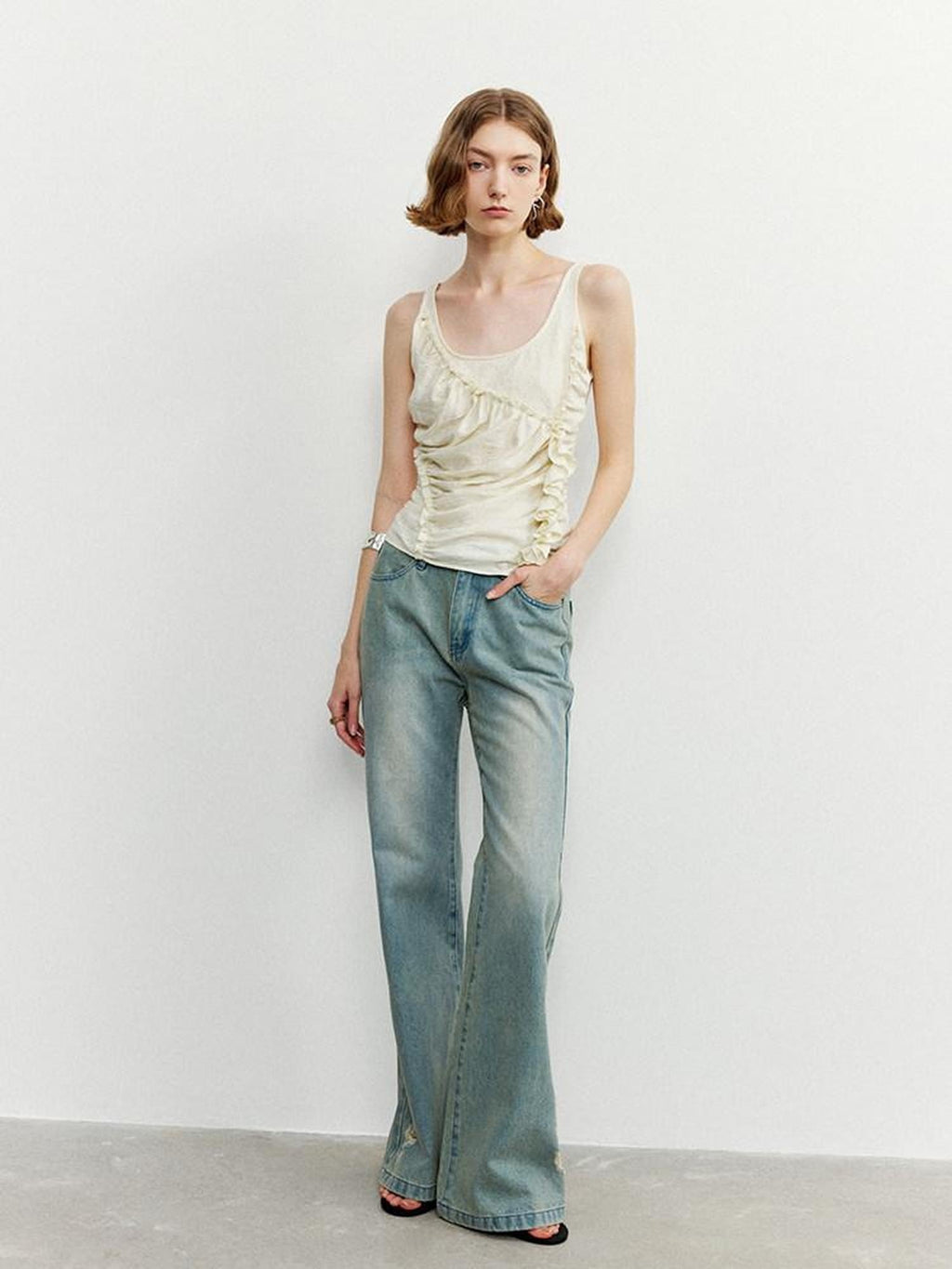 someonesometimes Ruffled Lettuce Edge Slim Fit Original Design Viscose Blend Cream Tank Tops