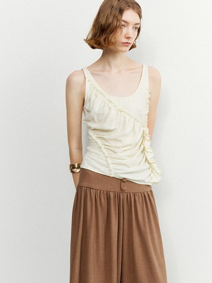 someonesometimes Ruffled Lettuce Edge Slim Fit Original Design Viscose Blend Cream Tank Tops