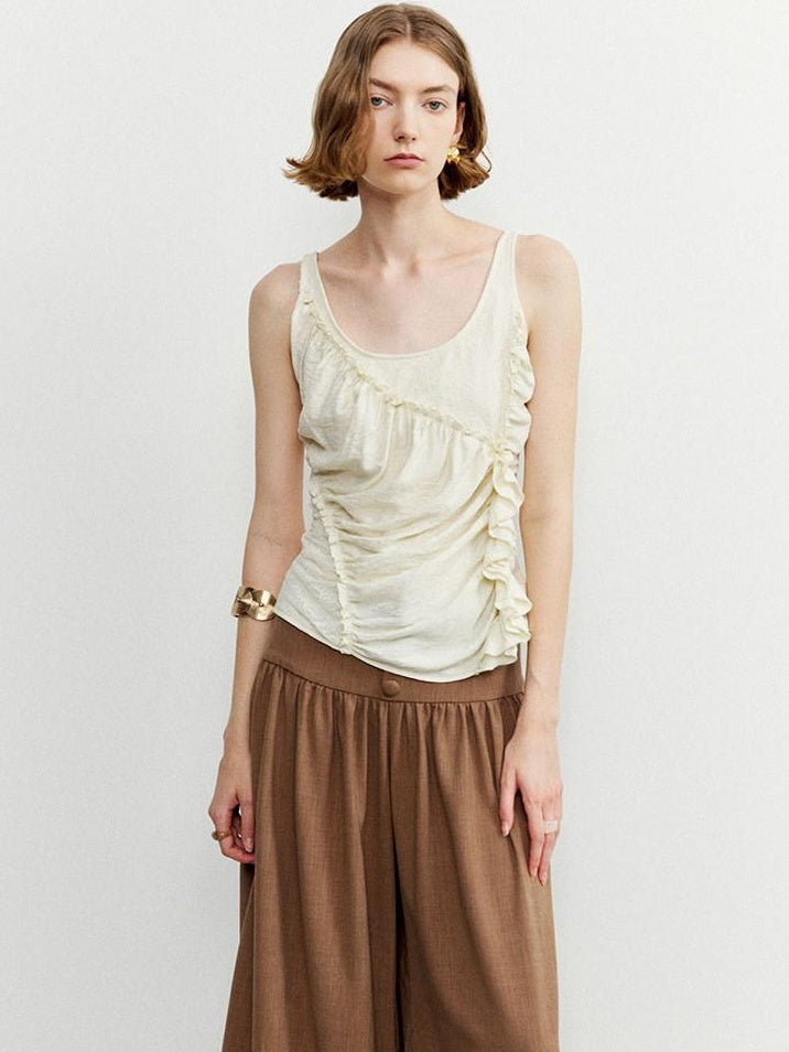 someonesometimes Ruffled Lettuce Edge Slim Fit Original Design Viscose Blend Cream Tank Tops