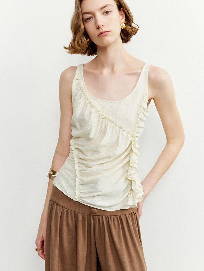 someonesometimes Ruffled Lettuce Edge Slim Fit Original Design Viscose Blend Cream Tank Tops