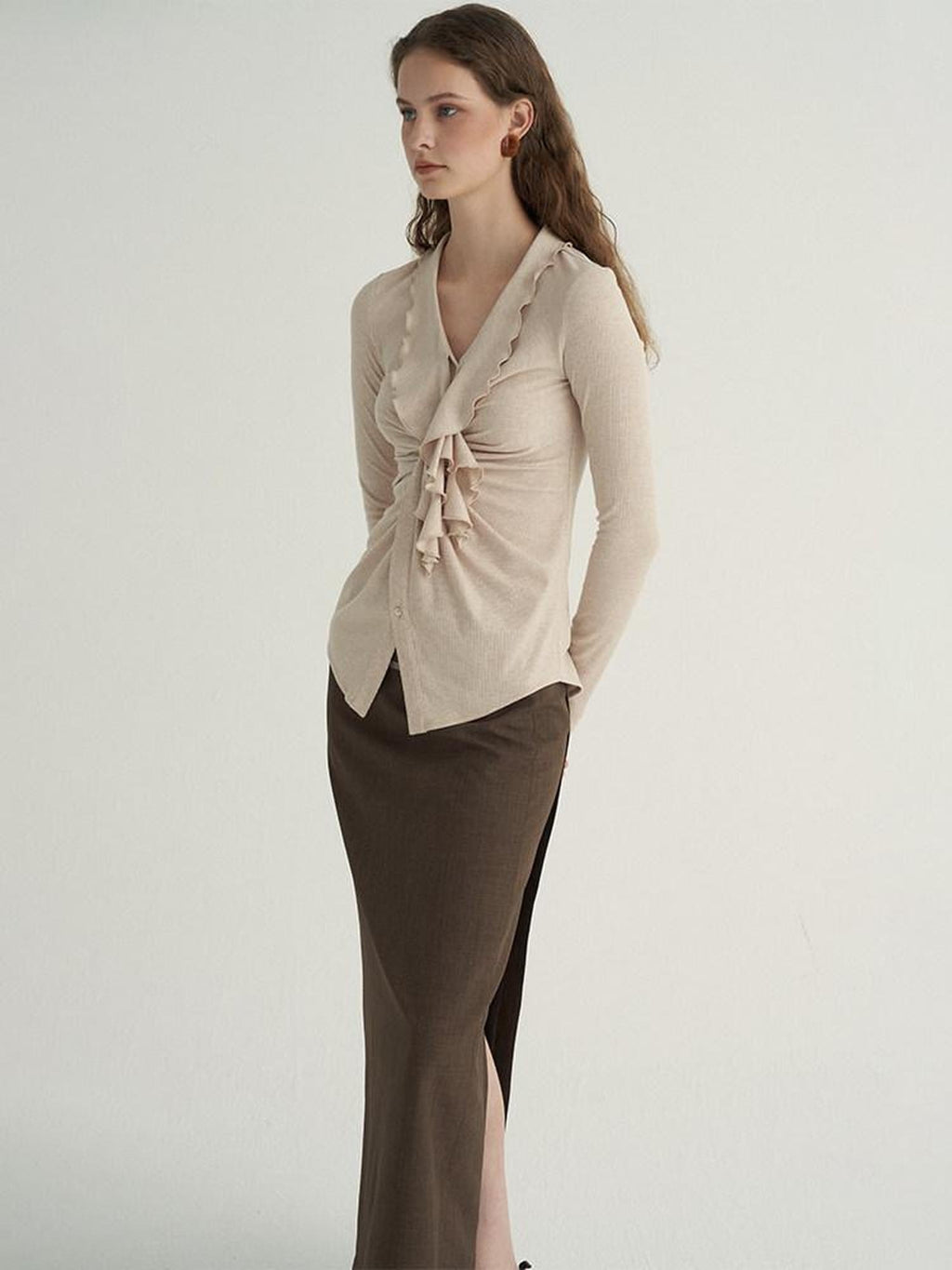 someonesometimes Ruffled V-neck Slim Fit Thin Knit Viscose Women Oatmeal Long Sleeve T-Shirts