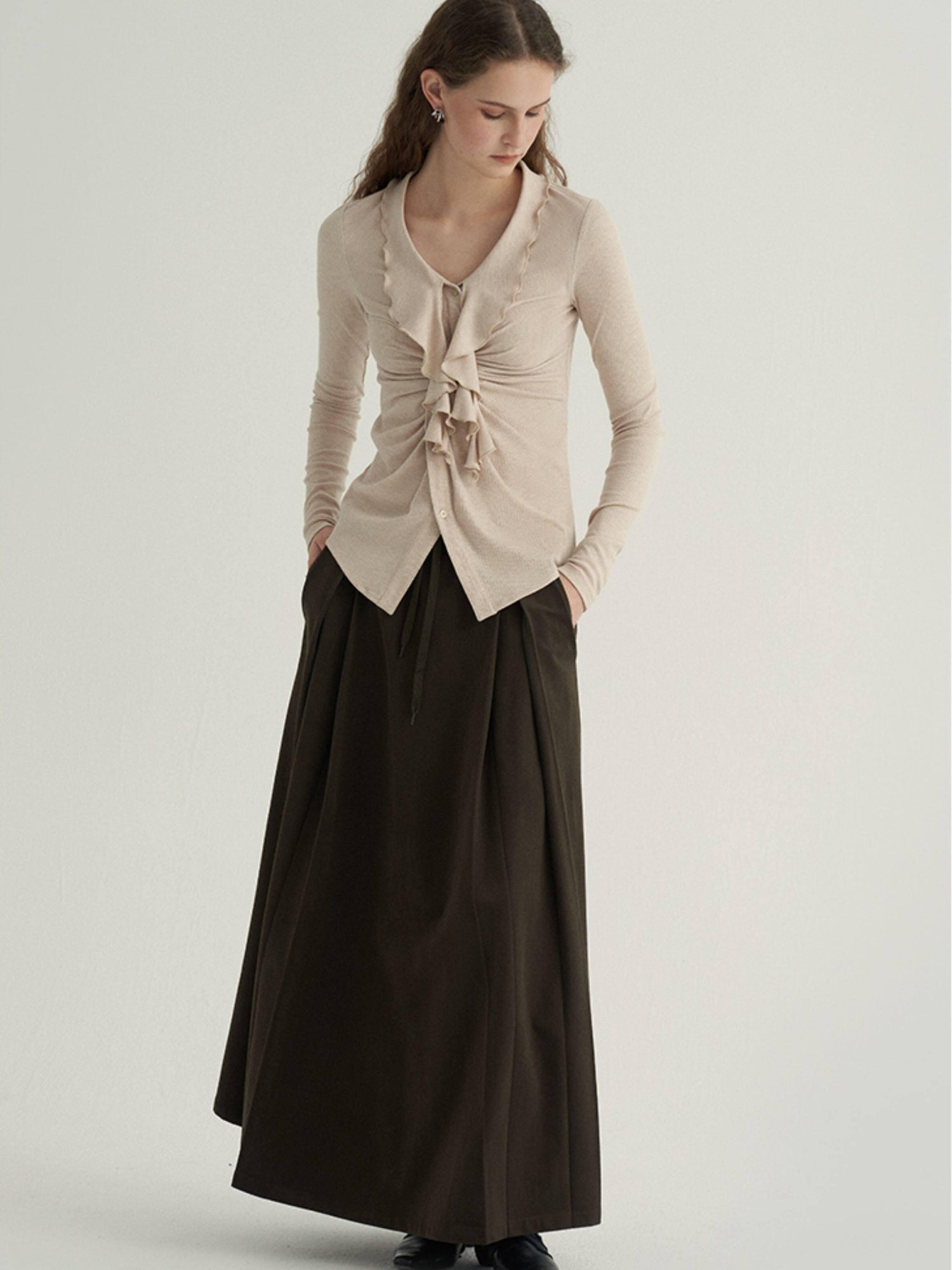 someonesometimes Ruffled V-neck Slim Fit Thin Knit Viscose Women Oatmeal Long Sleeve T-Shirts