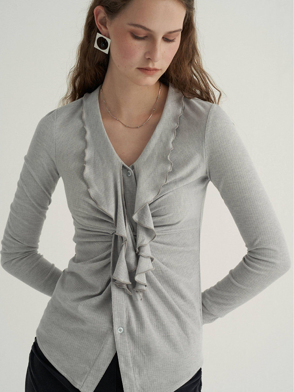 someonesometimes Ruffled V-neck Slim Fit Thin Knit Viscose Women Oatmeal Long Sleeve T-Shirts