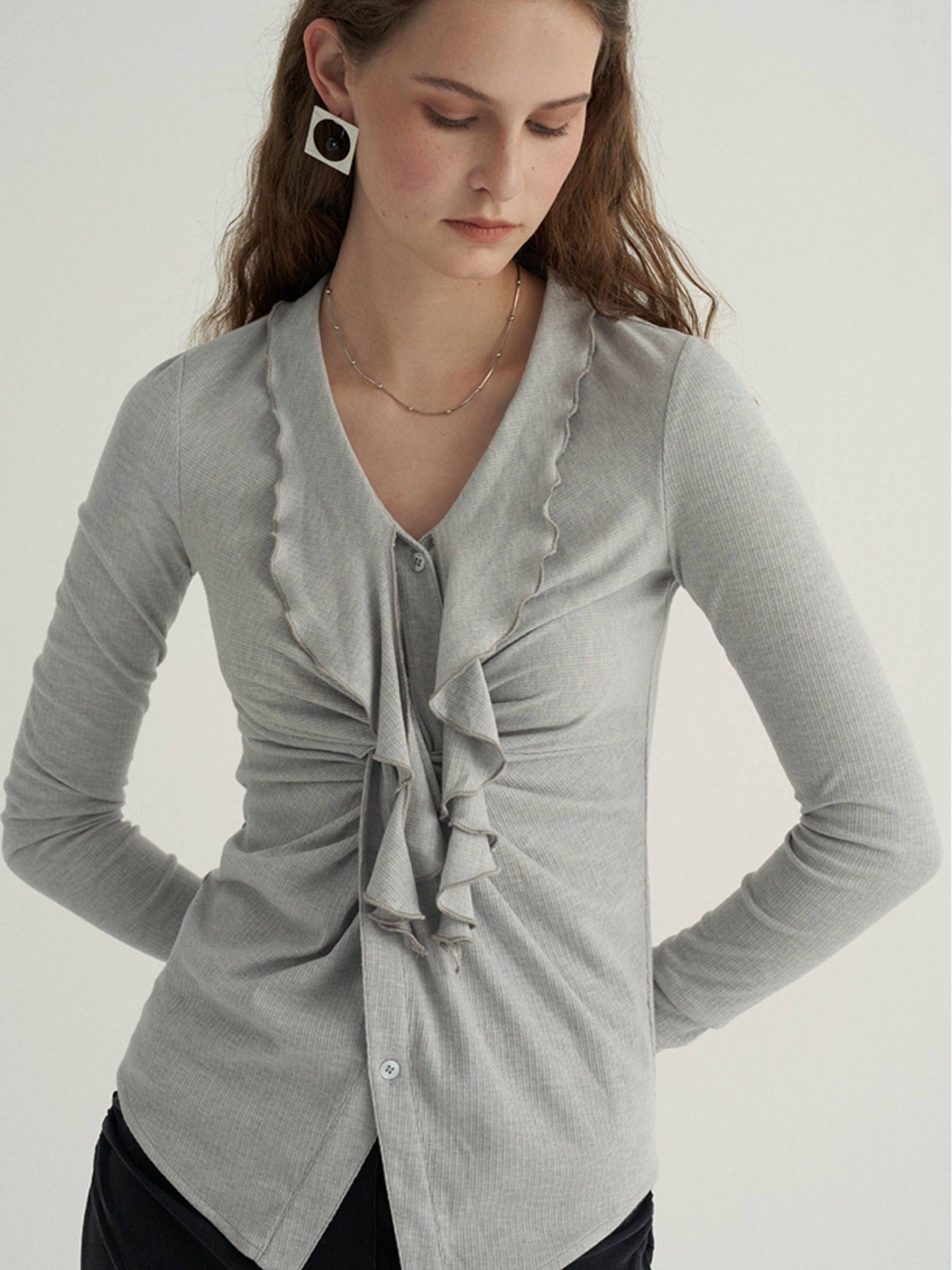 someonesometimes Ruffled V-neck Slim Fit Thin Knit Viscose Women Oatmeal Long Sleeve T-Shirts
