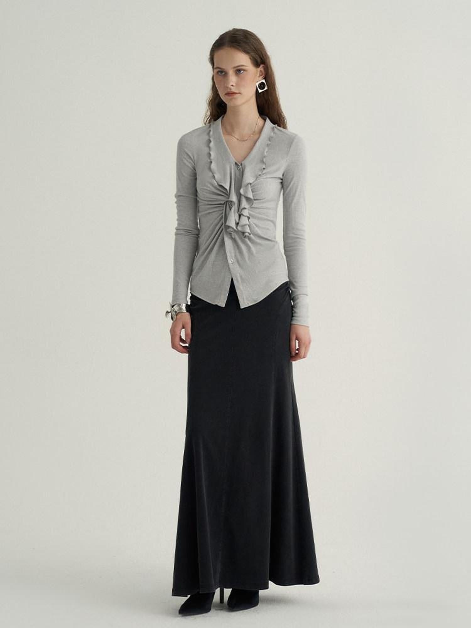 someonesometimes Ruffled V-neck Slim Fit Thin Knit Viscose Women Oatmeal Long Sleeve T-Shirts