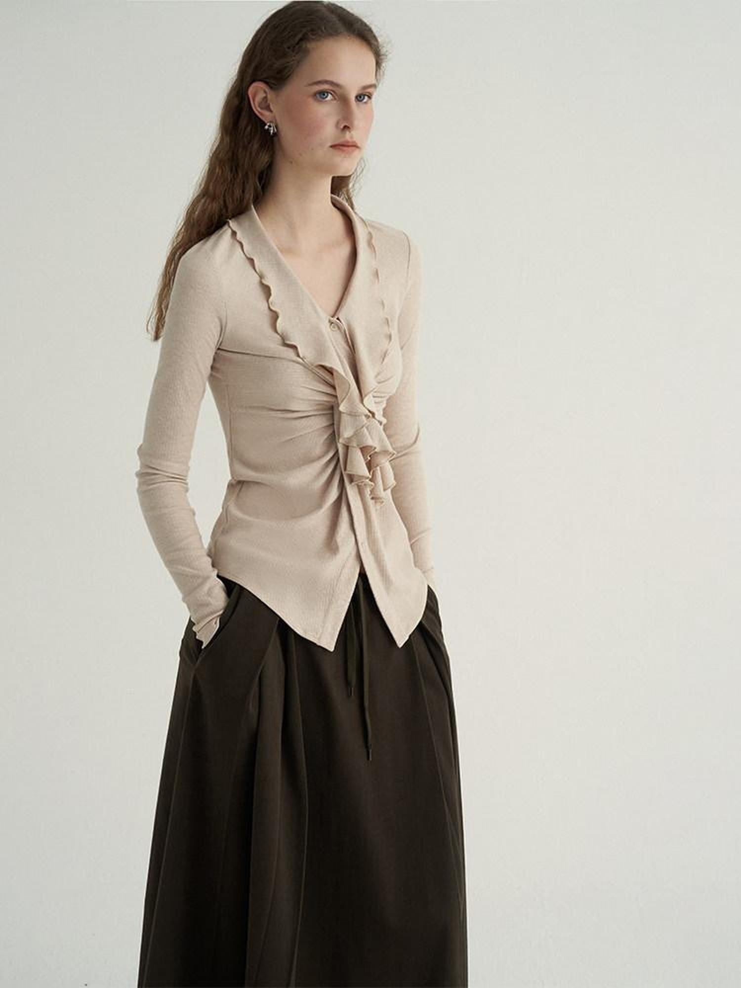 someonesometimes Ruffled V-neck Slim Fit Thin Knit Viscose Women Oatmeal Long Sleeve T-Shirts