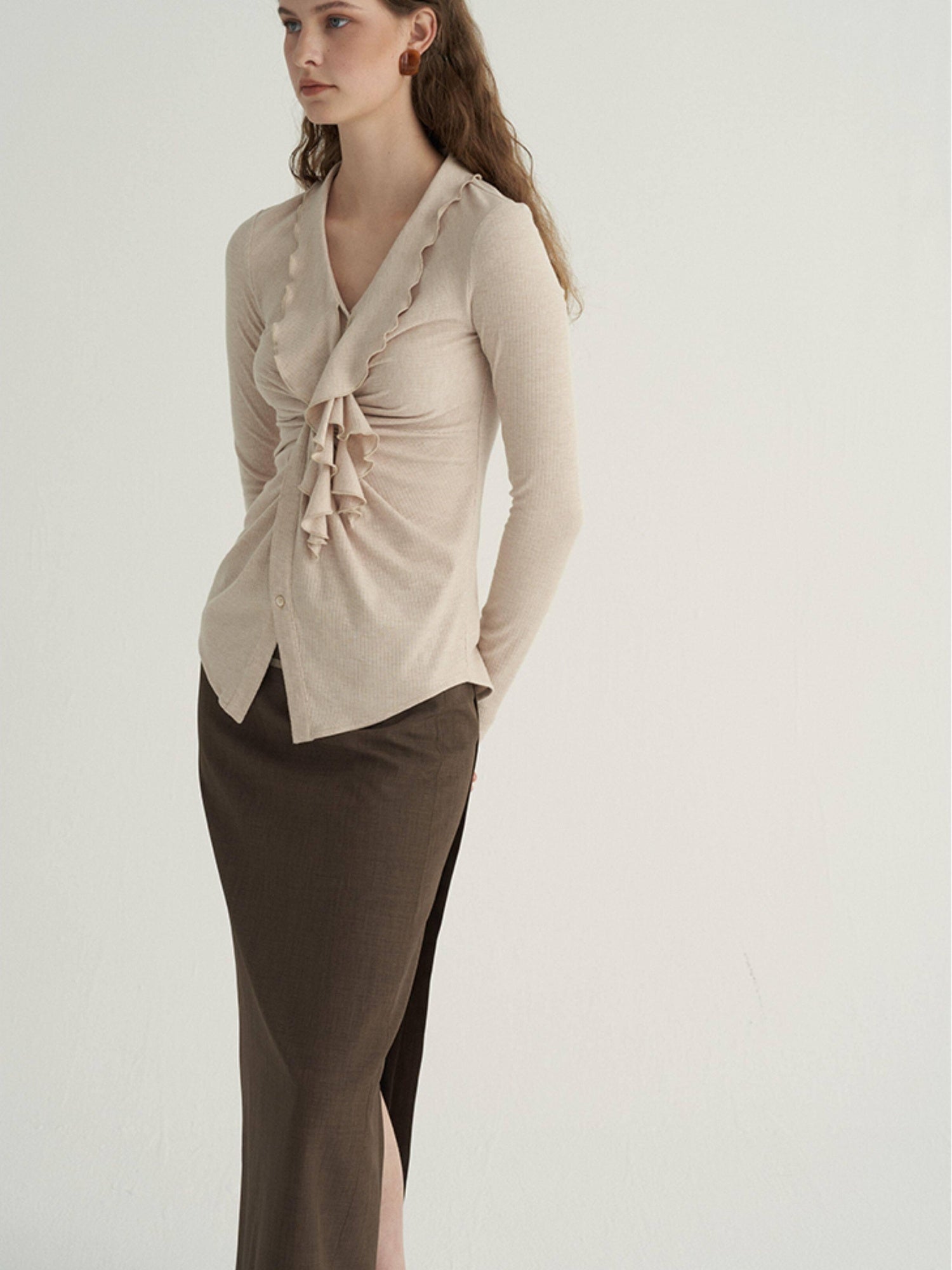 someonesometimes Ruffled V-neck Slim Fit Thin Knit Viscose Women Oatmeal Long Sleeve T-Shirts