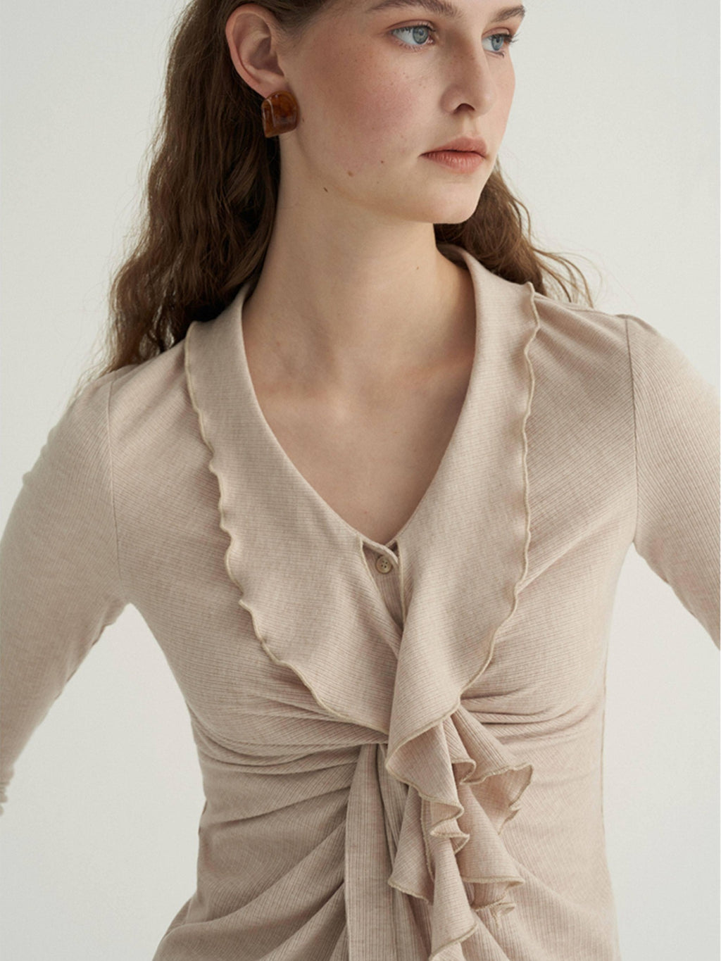 someonesometimes Ruffled V-neck Slim Fit Thin Knit Viscose Women Oatmeal Long Sleeve T-Shirts
