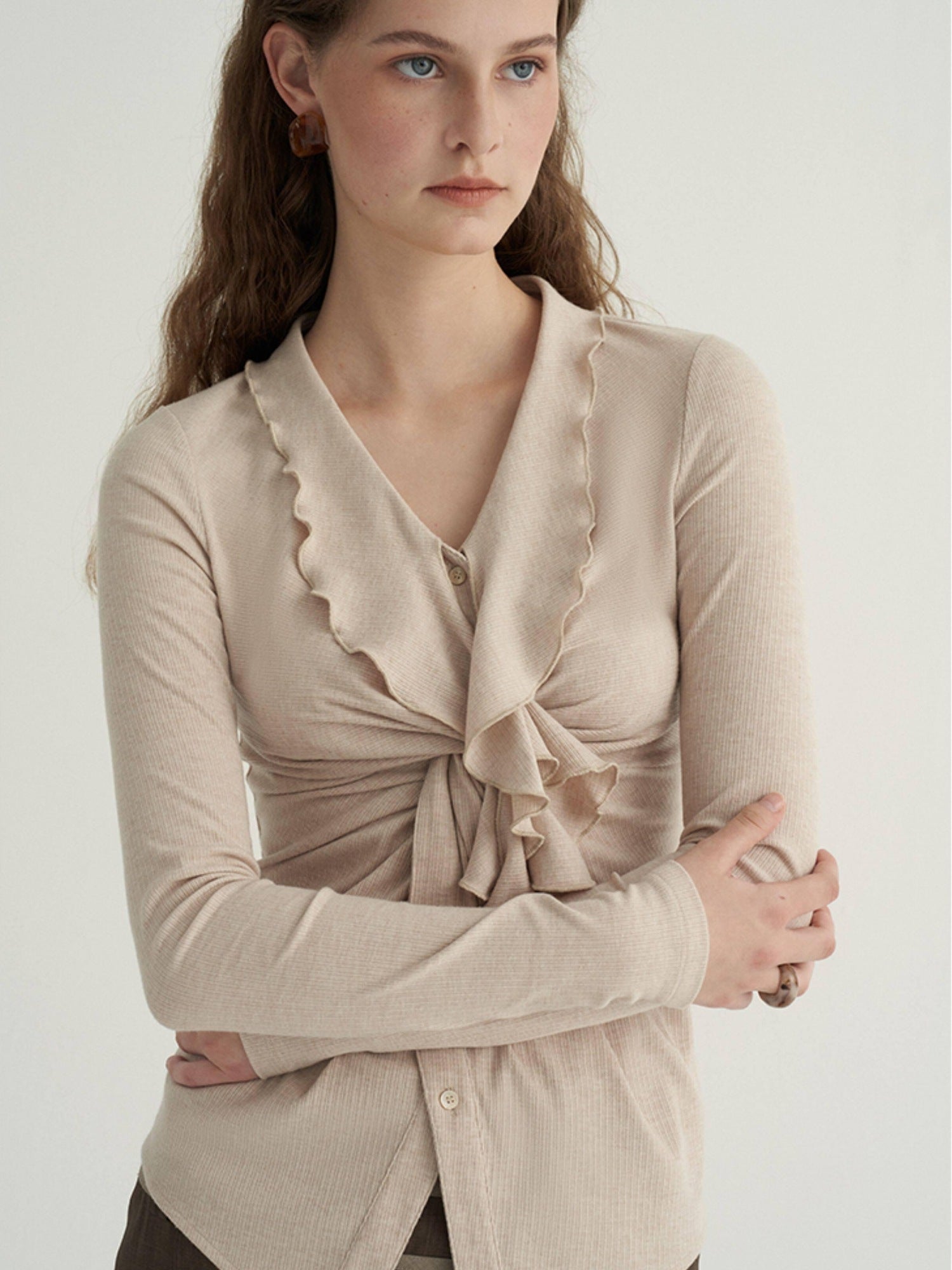 someonesometimes Ruffled V-neck Slim Fit Thin Knit Viscose Women Oatmeal Long Sleeve T-Shirts