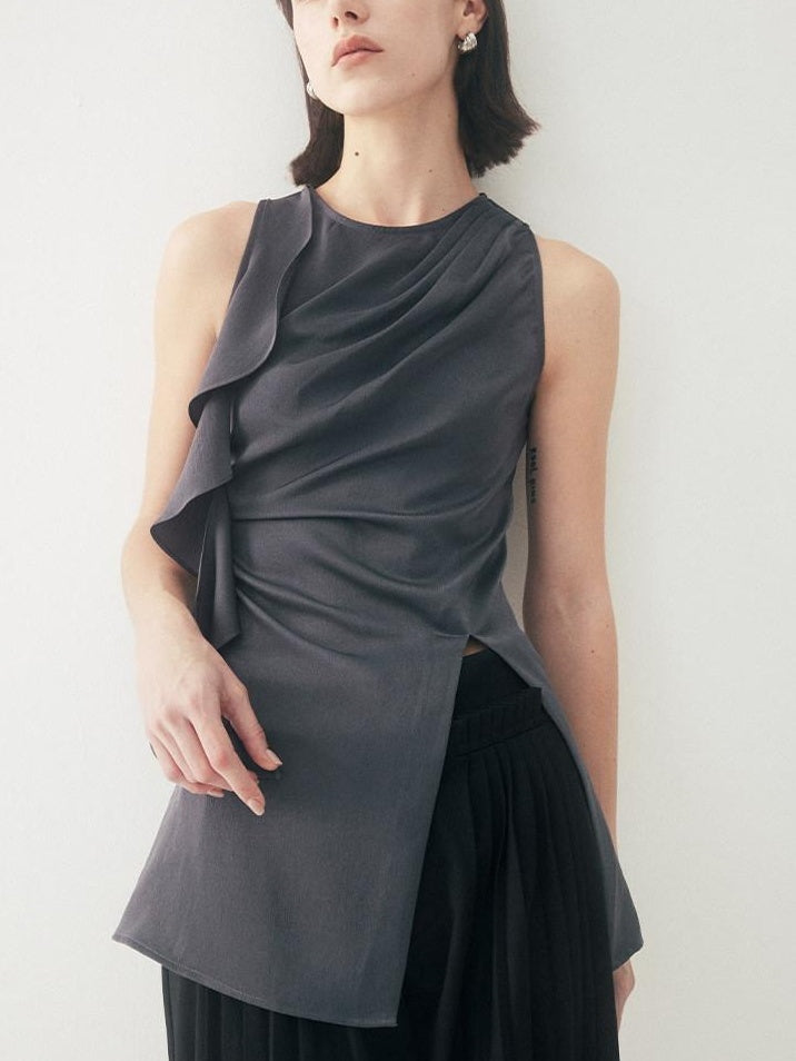 someonesometimes Satin Strappy Original Design Slim Fit Elegant Gray Off Shoulder Crop Tops