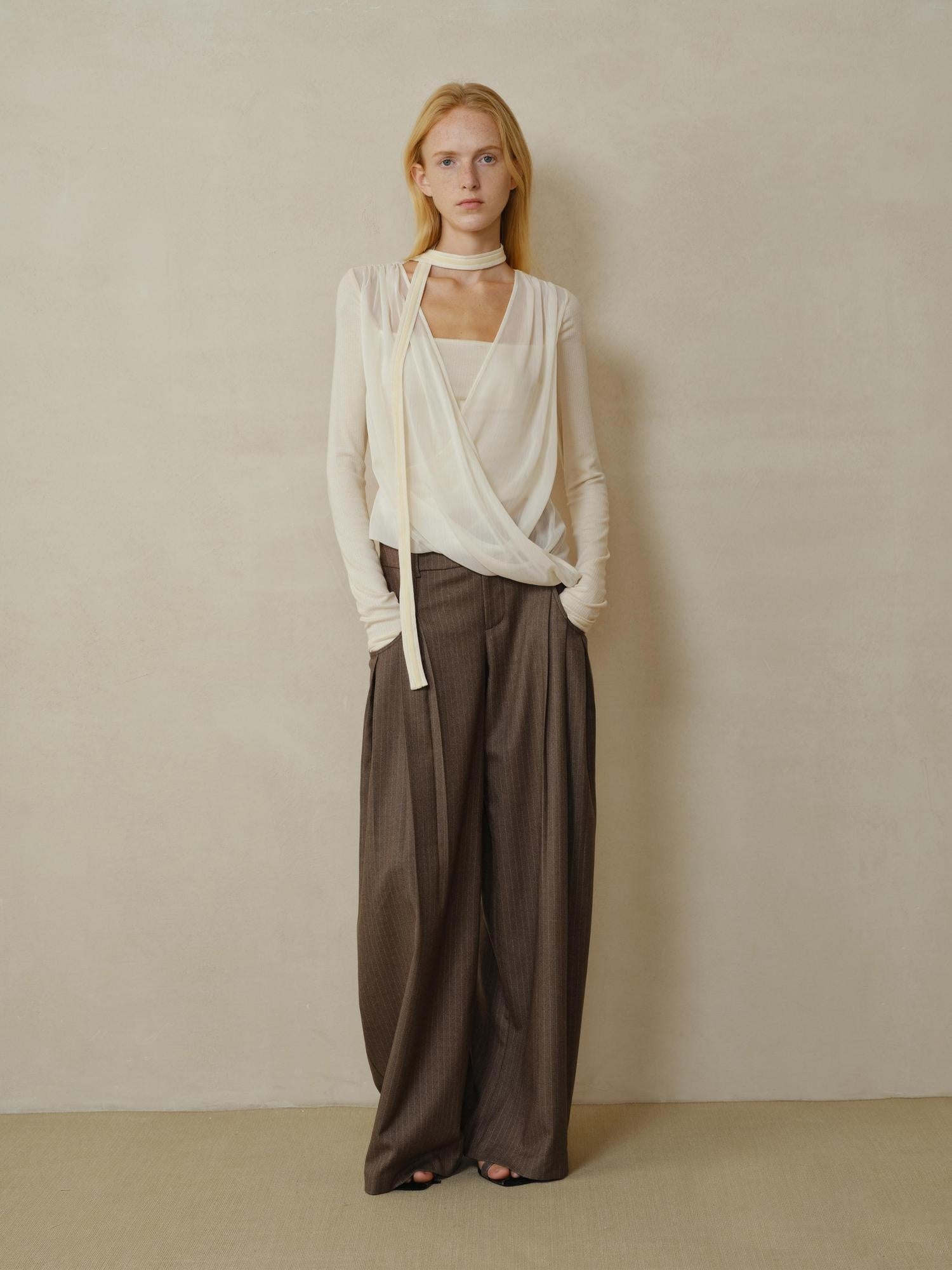someonesometimes Shape Retaining Pleated Natural Waist Brown Striped Poly Stretch Wide Leg Pants