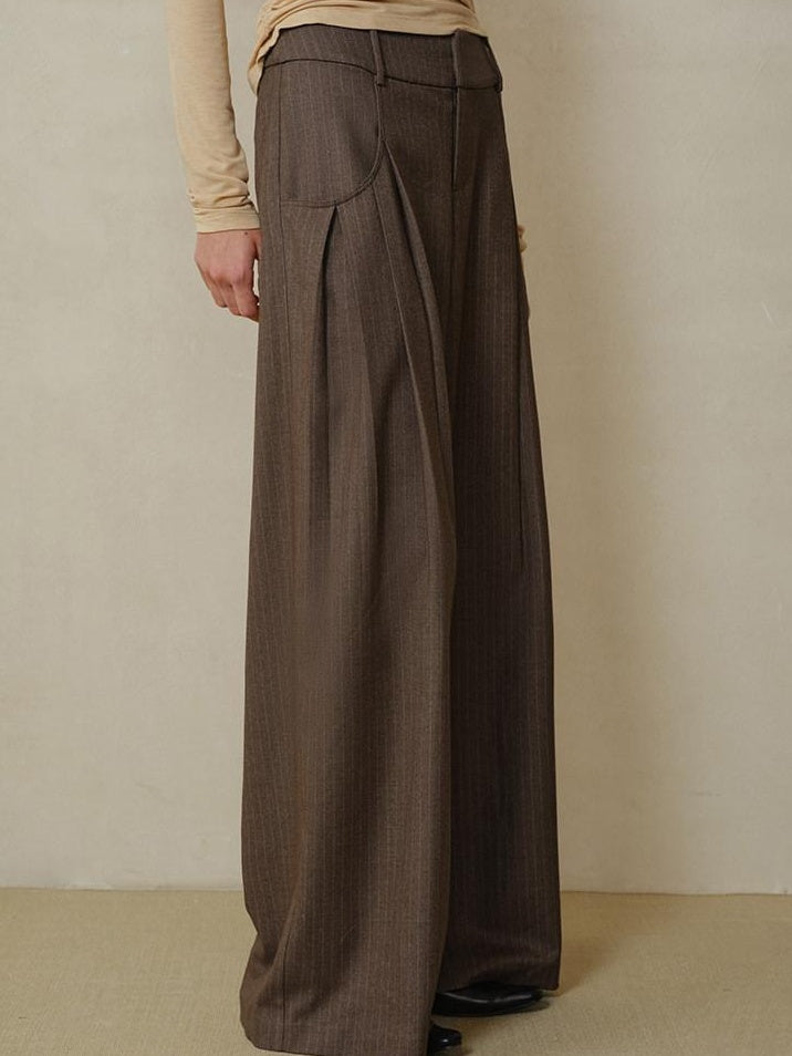 someonesometimes Shape Retaining Pleated Natural Waist Brown Striped Poly Stretch Wide Leg Pants