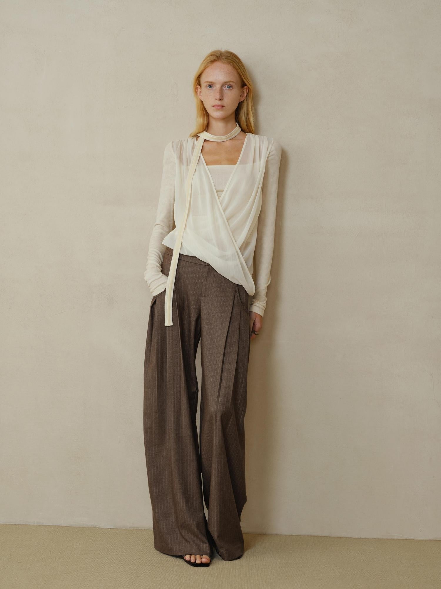 someonesometimes Shape Retaining Pleated Natural Waist Brown Striped Poly Stretch Wide Leg Pants