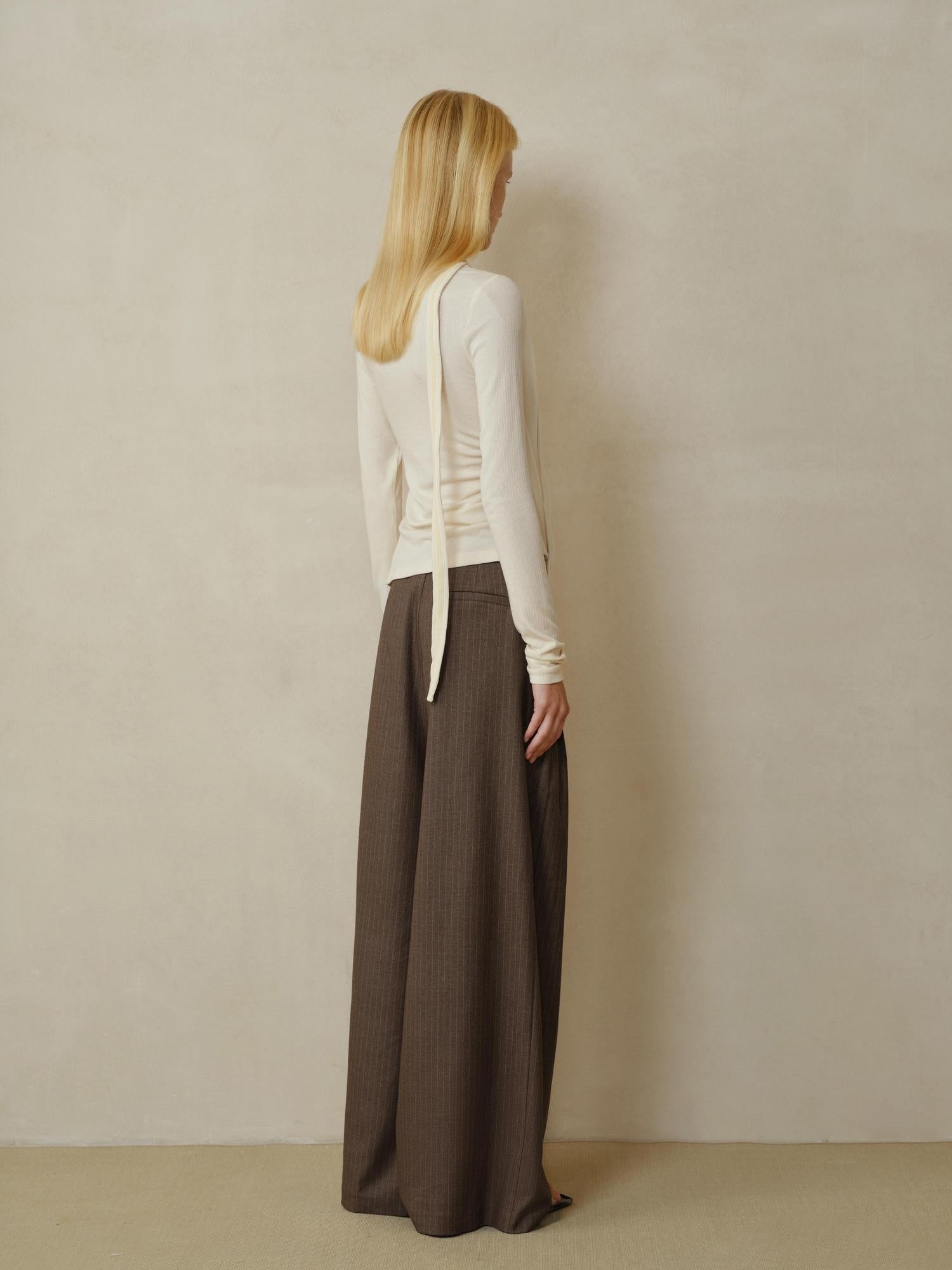someonesometimes Shape Retaining Pleated Natural Waist Brown Striped Poly Stretch Wide Leg Pants