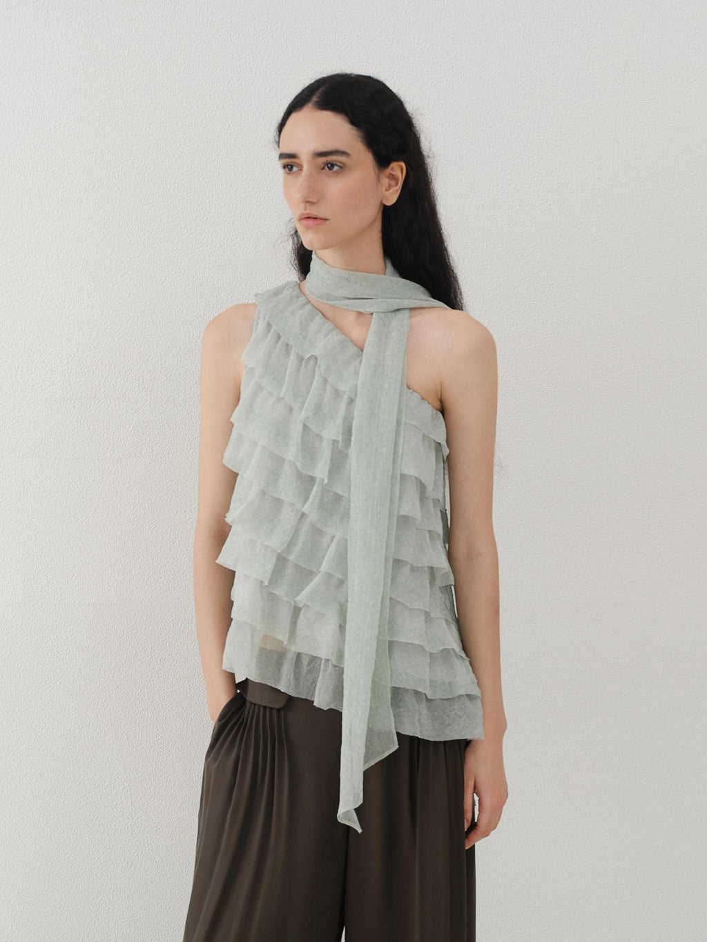 someonesometimes Sheer Mesh Wave Tie Lightweight Workwear Women Mint Green Off Shoulder Crop Tops