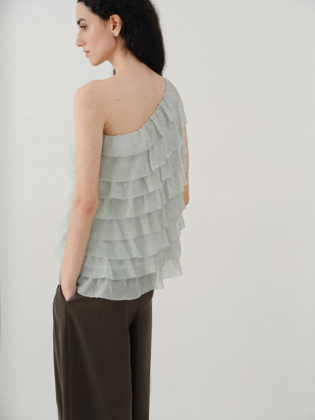 someonesometimes Sheer Mesh Wave Tie Lightweight Workwear Women Mint Green Off Shoulder Crop Tops