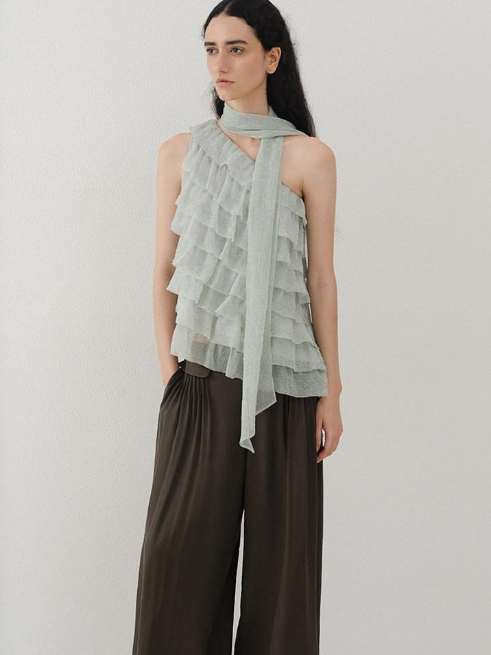 someonesometimes Sheer Mesh Wave Tie Lightweight Workwear Women Mint Green Off Shoulder Crop Tops