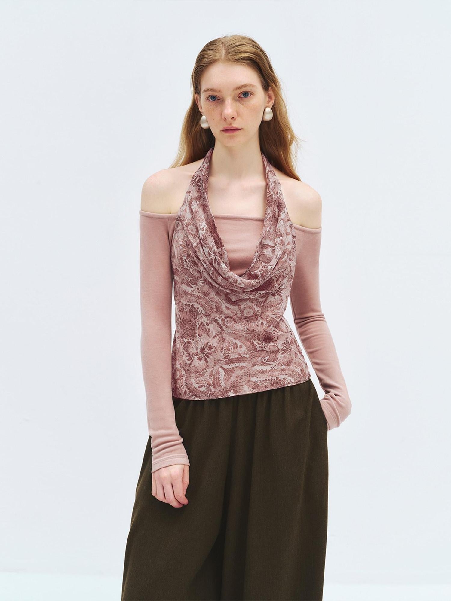 someonesometimes Silk Wool Blend Slim Fit Patchwork Knit Women Printed Halter Crop Tops