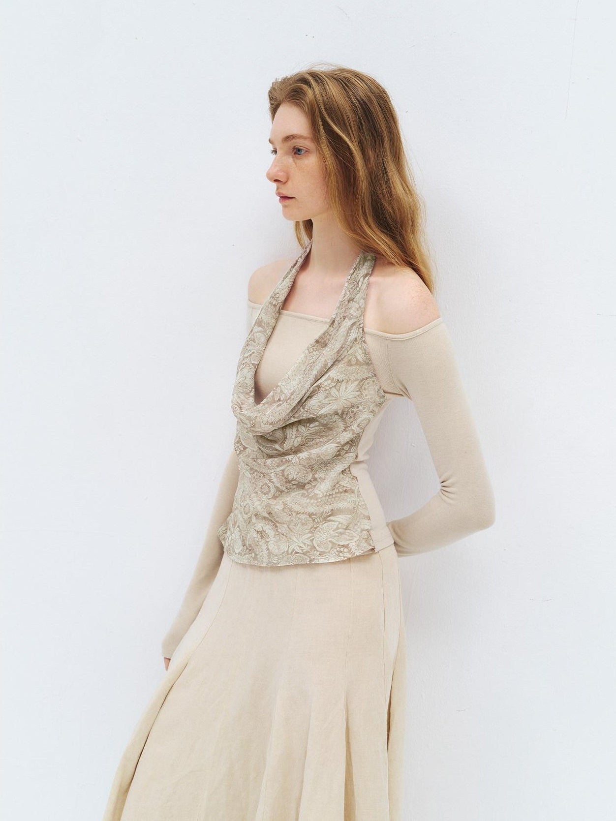 someonesometimes Silk Wool Blend Slim Fit Patchwork Knit Women Printed Halter Crop Tops