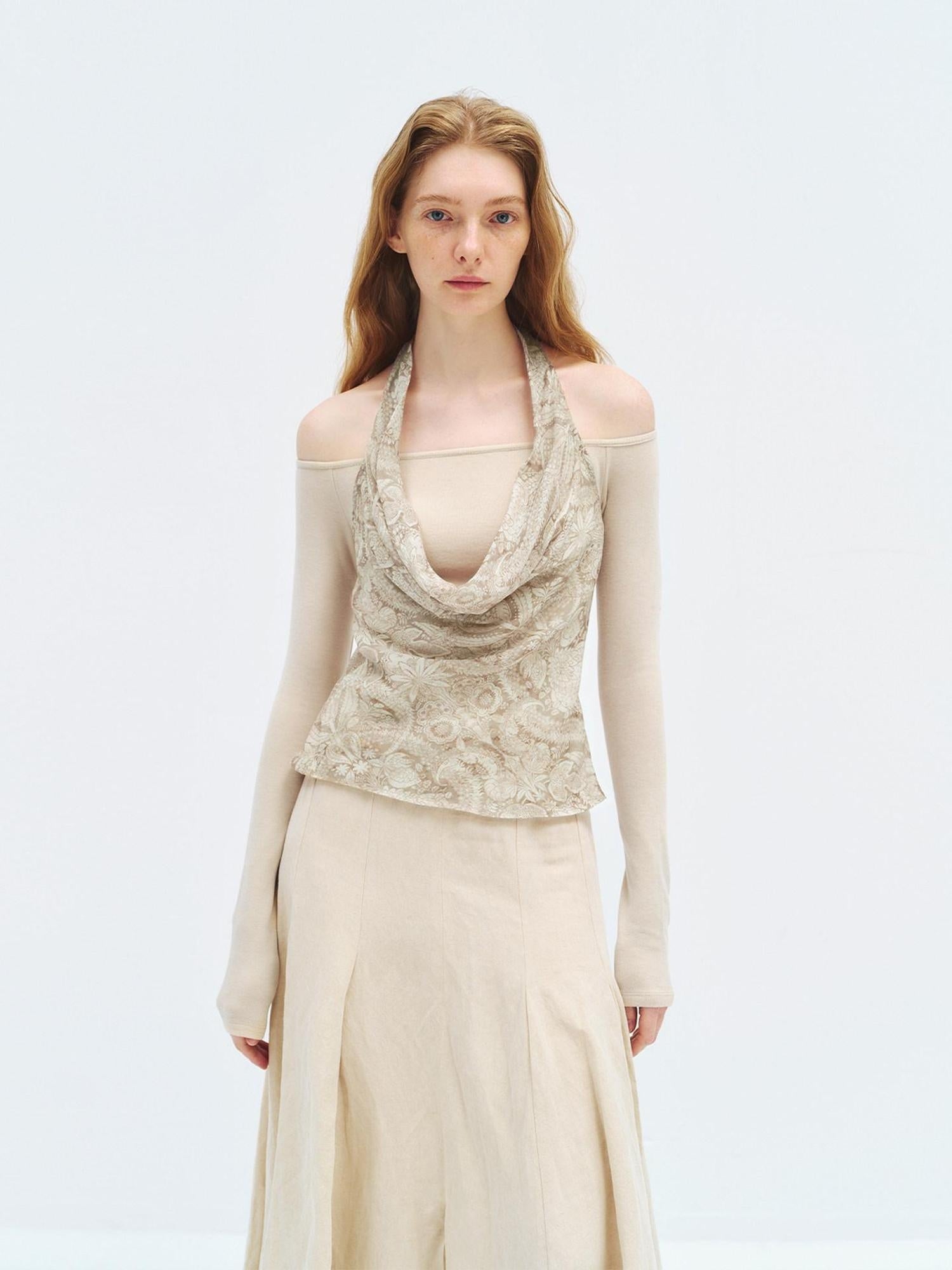 someonesometimes Silk Wool Blend Slim Fit Patchwork Knit Women Printed Halter Crop Tops