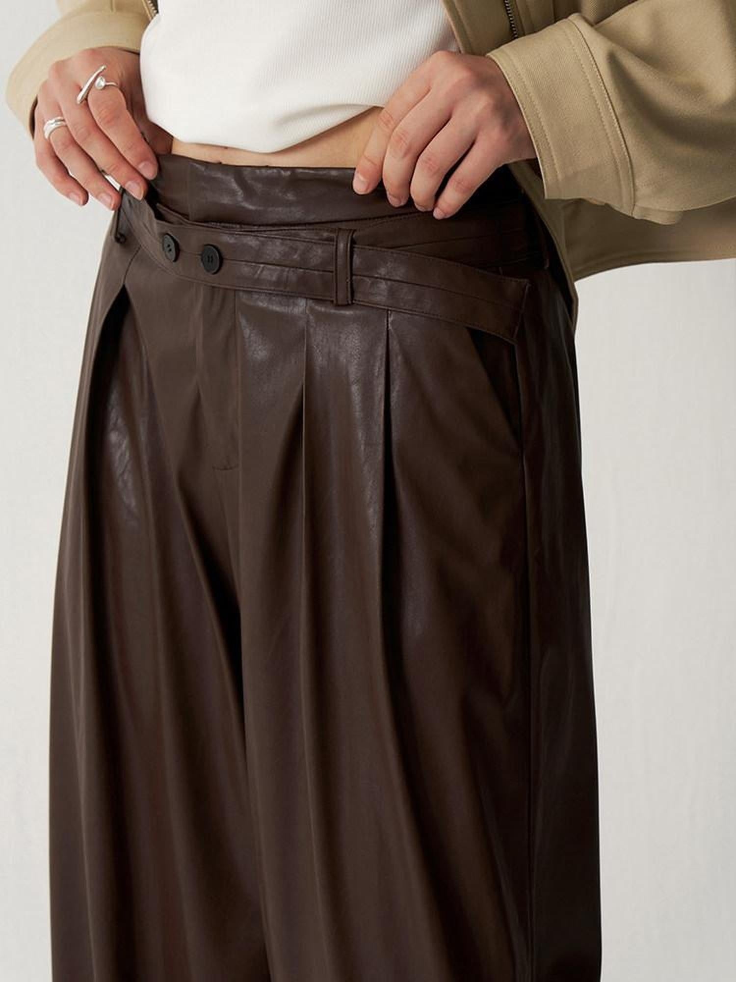 someonesometimes Sleek Pu High Waist Commuter Tailored Black Chestnut Wide Leg Pants