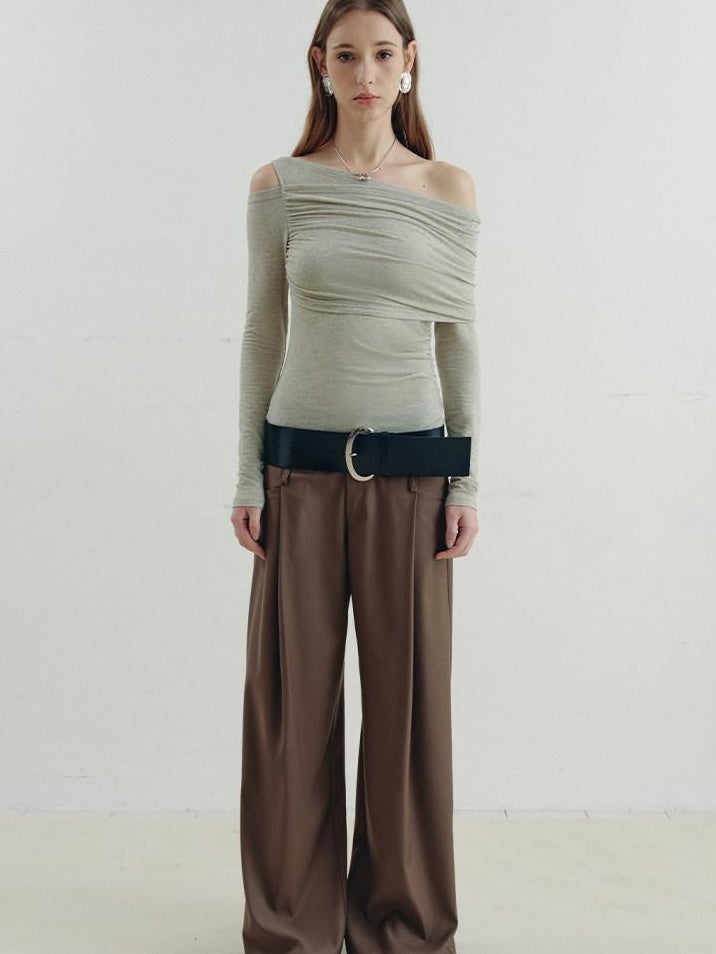someonesometimes Slim Asymmetric Slanted Neck Knit Women Moss Green Solid Long Sleeve T-Shirts