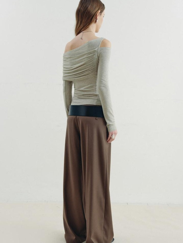 someonesometimes Slim Asymmetric Slanted Neck Knit Women Moss Green Solid Long Sleeve T-Shirts
