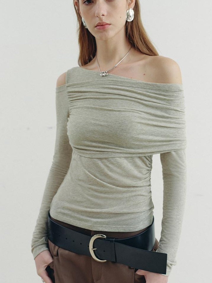 someonesometimes Slim Asymmetric Slanted Neck Knit Women Moss Green Solid Long Sleeve T-Shirts