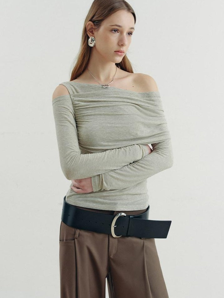 someonesometimes Slim Asymmetric Slanted Neck Knit Women Moss Green Solid Long Sleeve T-Shirts