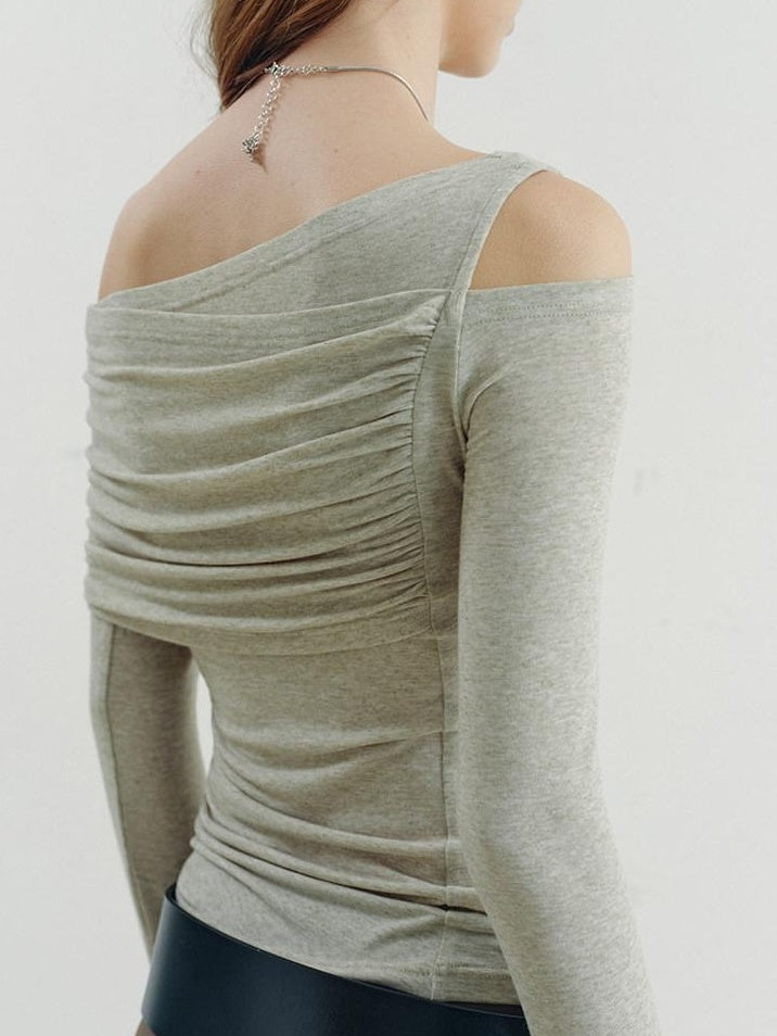 someonesometimes Slim Asymmetric Slanted Neck Knit Women Moss Green Solid Long Sleeve T-Shirts