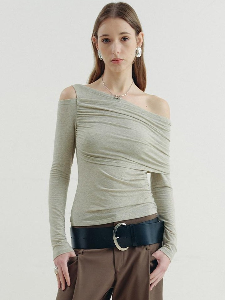 someonesometimes Slim Asymmetric Slanted Neck Knit Women Moss Green Solid Long Sleeve T-Shirts