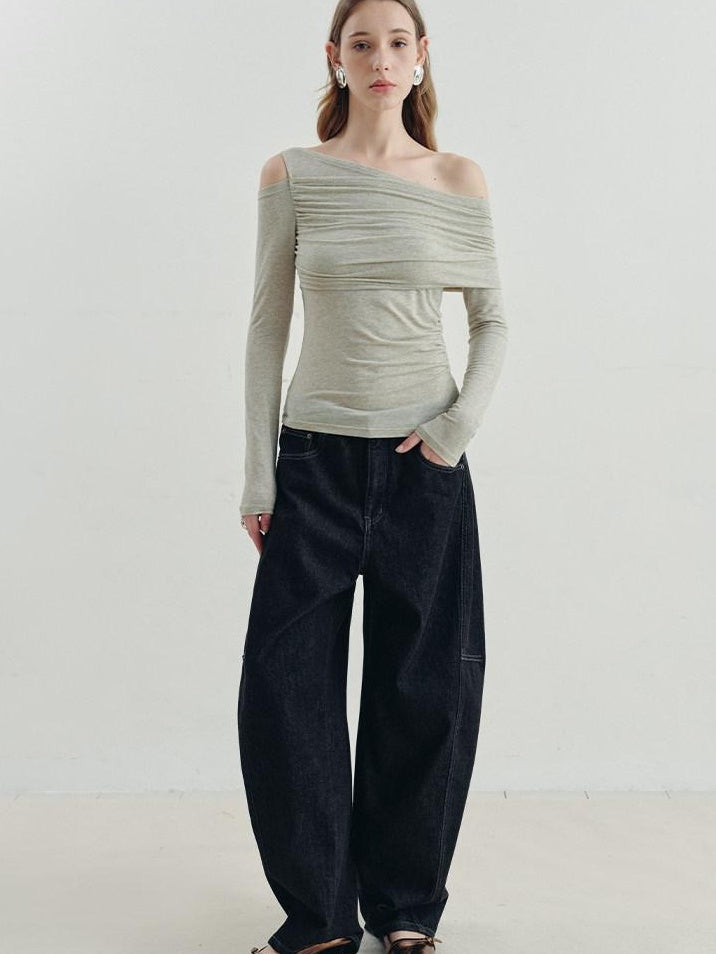 someonesometimes Slim Asymmetric Slanted Neck Knit Women Moss Green Solid Long Sleeve T-Shirts