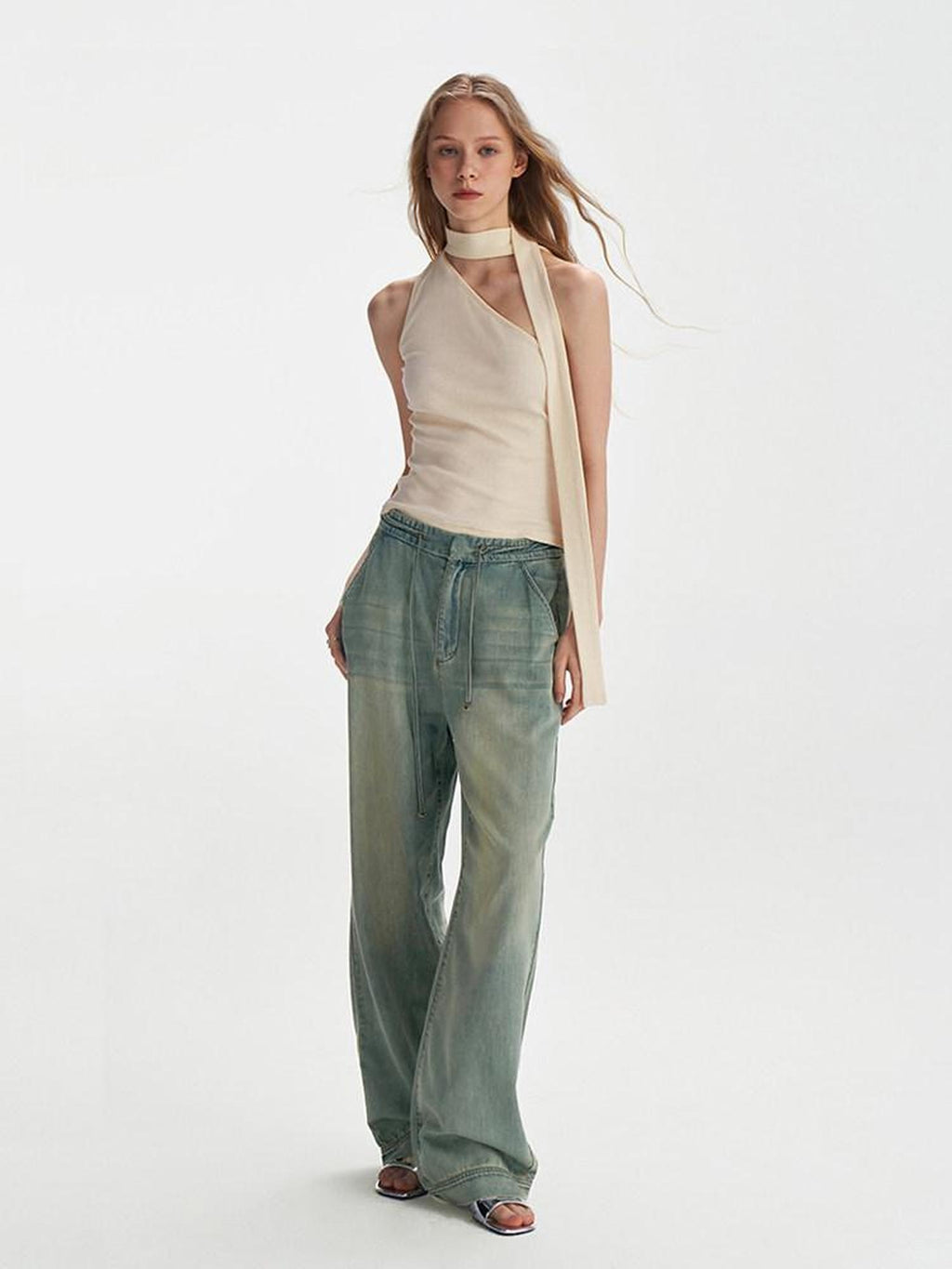 someonesometimes Slim Fit Tie Detail One Shoulder Workwear Women Beige Polyester Blend Camisoles