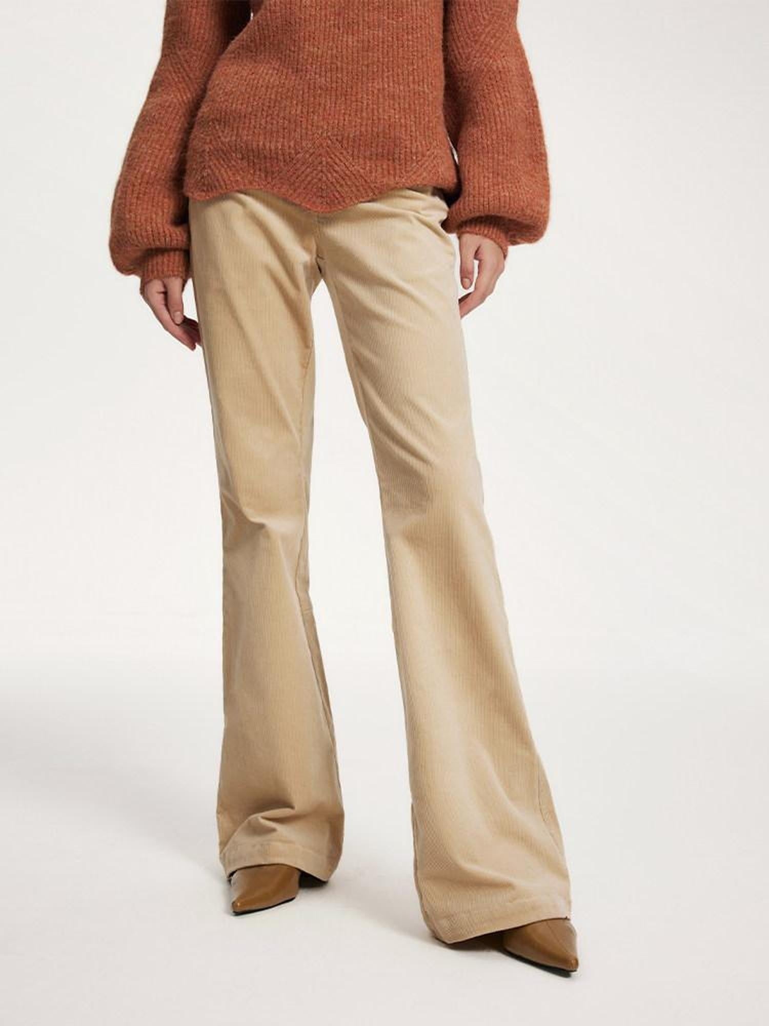 someonesometimes Soft 100% Cotton Light Camel Office Low Rise Micro Flare Women Flared Pants