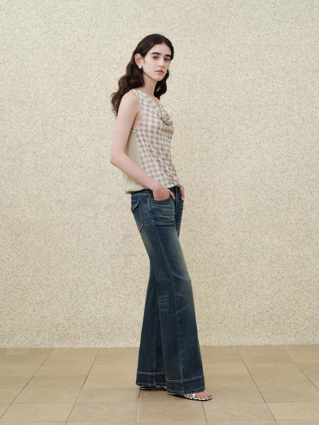 someonesometimes Soft 50 50 Blend Slim Collared Halter For Women Plaid Light Sage Tank Tops
