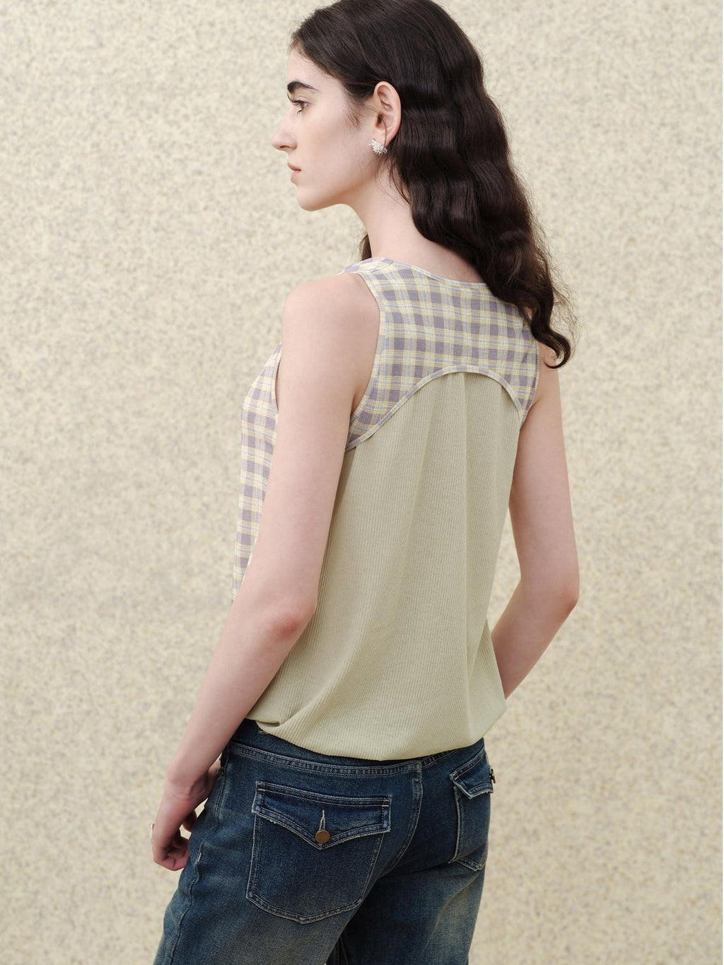 someonesometimes Soft 50 50 Blend Slim Collared Halter For Women Plaid Light Sage Tank Tops