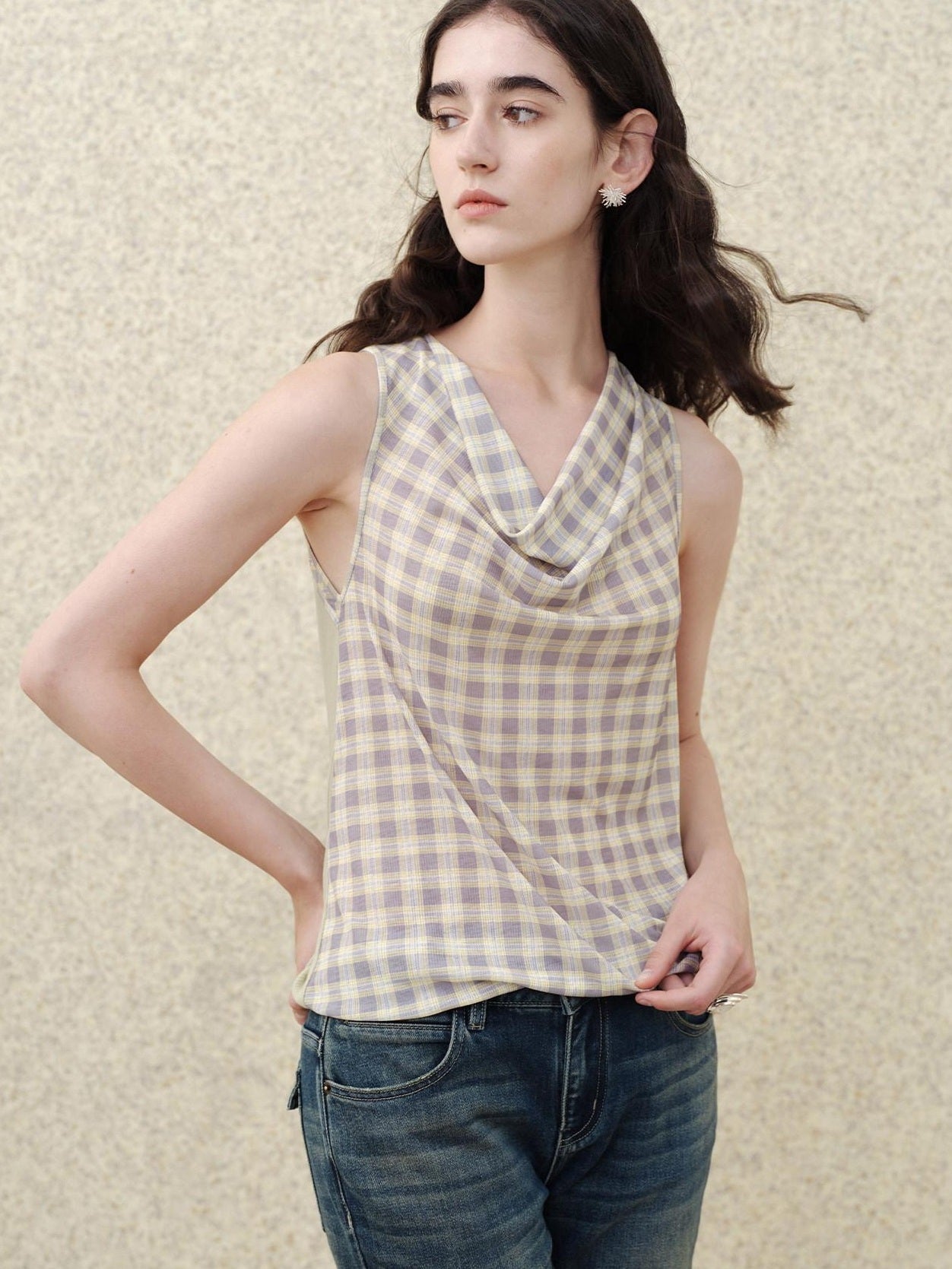 someonesometimes Soft 50 50 Blend Slim Collared Halter For Women Plaid Light Sage Tank Tops